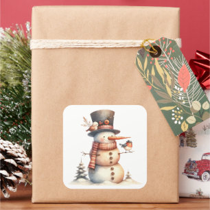 Snowman & Birds Quadratischer Aufkleber