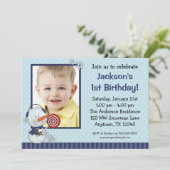 Snowman Blue Winter Foto Geburtstag Einladung (Stehend Vorderseite)