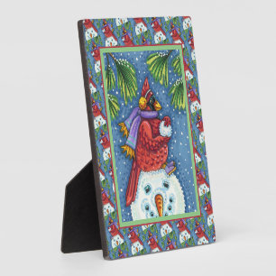 SNOWMAN BODYGUARD, CHRISTMAS KARDINAL REDBIRD FOTOPLATTE