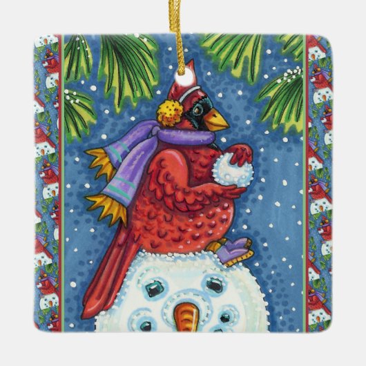 SNOWMAN BODYGUARD, CHRISTMAS KARDINAL REDBIRD KERAMIKORNAMENT (Vorderseite)