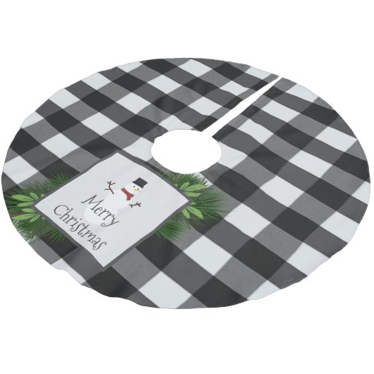 Snowman Buffalo Kariert | Schwarz und Weiß Polyester Weihnachtsbaumdecke (Schrägansicht)