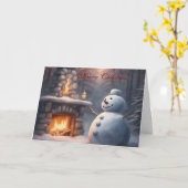 Snowman by an outdoor fire place Christmas Karte (Gelbe Blume)