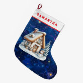 Snowman & Cabin Night Personalized Stocking Großer Weihnachtsstrumpf (Vorderansicht (hängend))