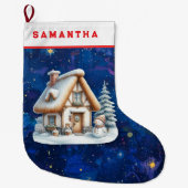 Snowman & Cabin Night Personalized Stocking Großer Weihnachtsstrumpf (Vorderseite)