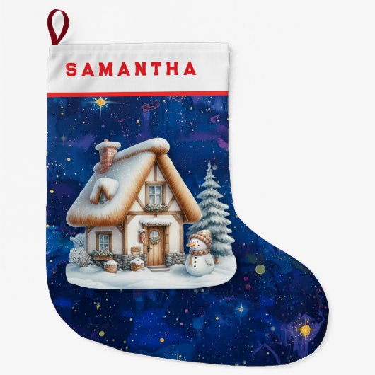 Snowman & Cabin Night Personalized Stocking Großer Weihnachtsstrumpf (Vorderseite)