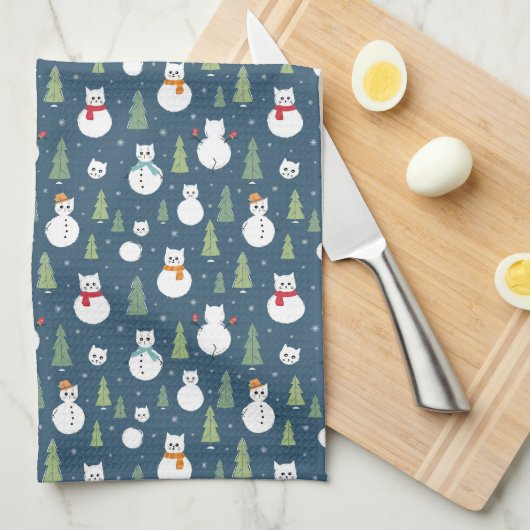 Snowman Cats Holiday Pattern Geschirrtuch (Viertel Falte)