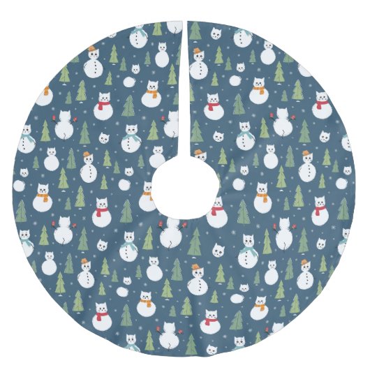 Snowman Cats Holiday Pattern Polyester Weihnachtsbaumdecke (Vorderseite)