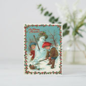 Snowman Children Snow Holly Postkarte (Stehend Vorderseite)