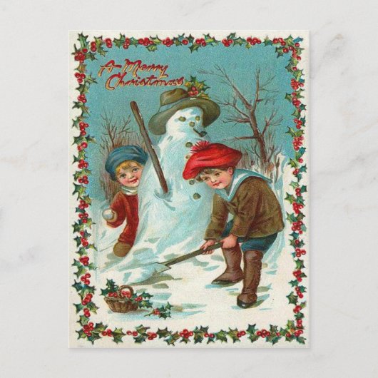 Snowman Children Snow Holly Postkarte (Vorderseite)