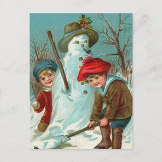 Snowman Children Snow Holly Postkarte