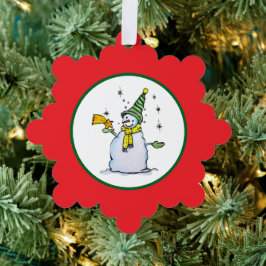 snowman christmas ornament with broom and stars karte