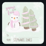 Snowman Christmas Quadratischer Aufkleber<br><div class="desc">Snowman Christmas Celebrate your child's winter birthday with this cute and snowman wearing a pastel pink knitted hat and scarf. This theme is ideal for your little one’s winter birthday or kid’s Christmas party. Design is completely customizable. Check out the coordinating stationery and ohrs.</div>