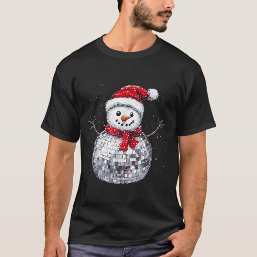 Snowman Christmas Retro Santa Hat Disco Ball Match T-Shirt (Vorderseite)