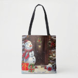 Snowman Christmas Scene Tasche<br><div class="desc">Das ist eine lustige Weihnachtstasche mit einem Schneemann mit Geschenken an der Haustür in Vintagem Aquarellstil.</div>