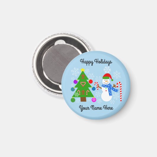 Snowman & Christmas Tree #2 Round Magnet (Vorderseite/Rückseite)
