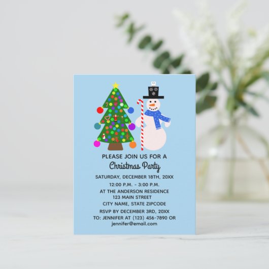 Snowman & Christmas Tree #3 Einladung Postkarte (Stehend Vorderseite)