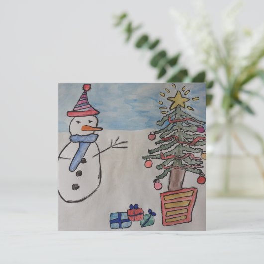 Snowman & Christmas Tree Flat Christmas Card (Stehend Vorderseite)