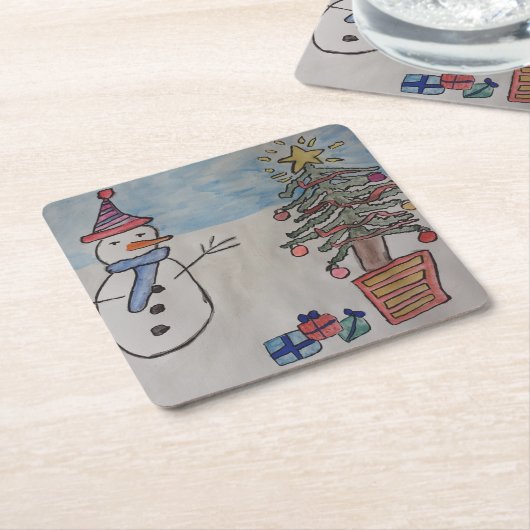 Snowman & Christmas Tree Rechteckiger Pappuntersetzer (angewinkelt)