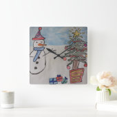 Snowman & Christmas Tree Wall Clock Quadratische Wanduhr (Zuhause)