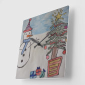 Snowman & Christmas Tree Wall Clock Quadratische Wanduhr (Winkel)