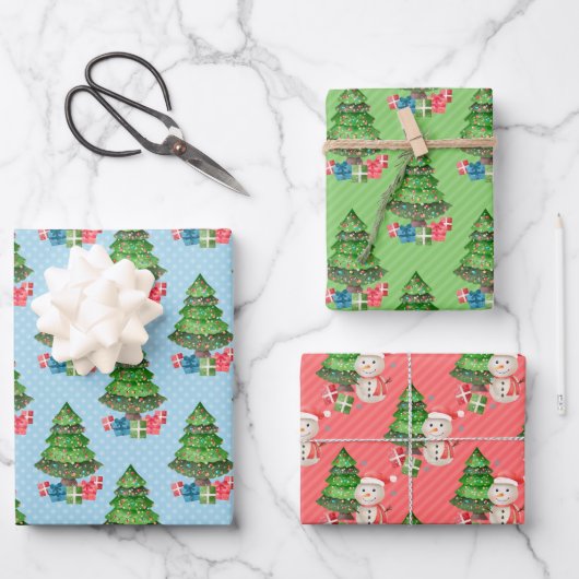 Snowman Christmas Trees Presents Geschenkpapier Set (Vorderseite)