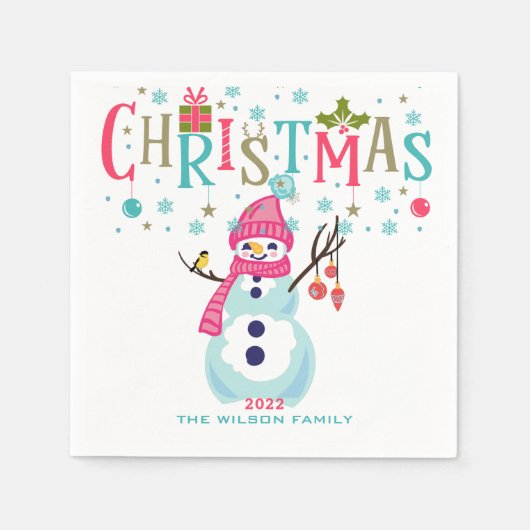 Snowman Christmas Türkis Rotes Rosa Personalisiert Serviette (Vorderseite)