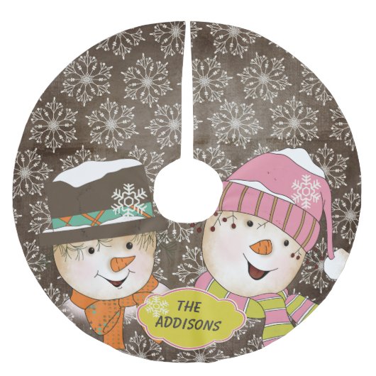 Snowman Couple Brown Snowflake Holidays Baumrock Polyester Weihnachtsbaumdecke (Vorderseite)