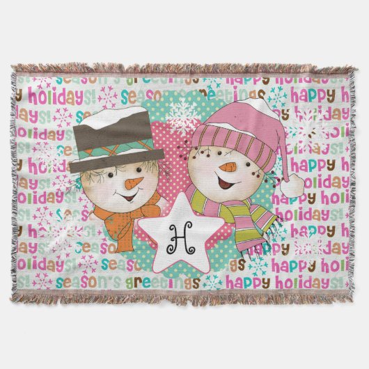 Snowman Couple Dots und Typografie Holiday Throw Decke (Vorderseite)