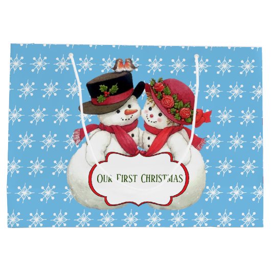 Snowman Couple, Erste Weihnachten Große Geschenktüte (Rückseite)