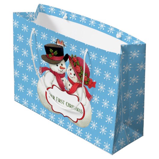 Snowman Couple, Erste Weihnachten Große Geschenktüte (Rückseite Schrägansicht)