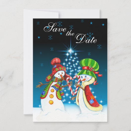 Snowman Couple Holiday Tree Save the Date einladen Einladung (Vorderseite)