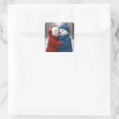 Snowman Couple Hugging in Winter Forest Quadratischer Aufkleber (Tasche)
