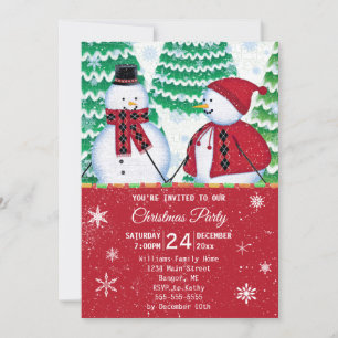 Snowman Couple Snowflakes Rotes Weihnachtsfest Par Einladung