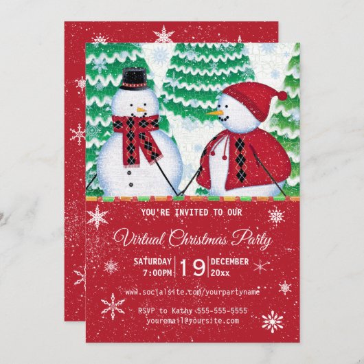 Snowman Couple Snowflakes Rotes Weihnachtsfest Par Einladung (Vorne/Hinten)