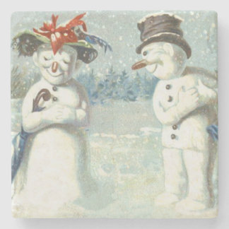 Snowman Couple Winter Snow Field Steinuntersetzer
