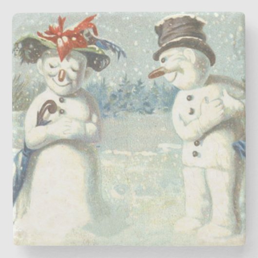Snowman Couple Winter Snow Field Steinuntersetzer (Vorderseite)