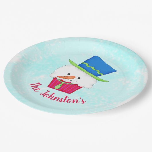 Snowman Cupcake Name Personalized Dessert Party Pappteller (Schrägansicht)