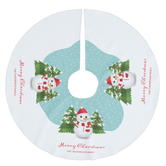 Snowman Custom Familienname Frohe Weihnachten Polyester Weihnachtsbaumdecke (Vorderseite)