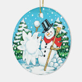 Snowman, der einen Schneeball-Winter-Spaß platsch Keramikornament (Links)