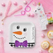 Snowman Face Lila Bowtie Black Buffalo Kariert Pappteller (Party)