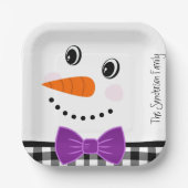 Snowman Face Lila Bowtie Black Buffalo Kariert Pappteller (Vorderseite)