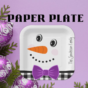 Snowman Face Lila Bowtie Black Buffalo Kariert Pappteller