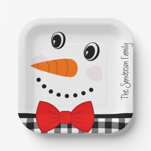 Snowman Face Red Bowtie Black Buffalo Kariert Trim Pappteller (Vorderseite)