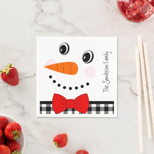 Snowman Face Red Bowtie Black Buffalo Kariert Trim Serviette (Beispiel)