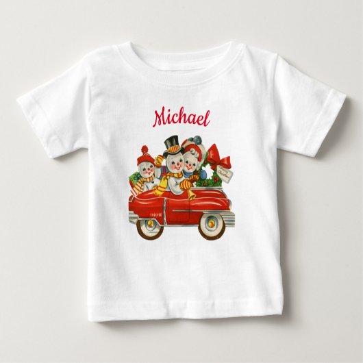 Snowman-Familie im Auto Weihnachten personalisiert Baby T-shirt (Vorderseite)