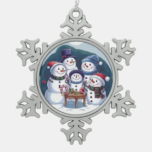Snowman-Familie Schneeflocken Zinn-Ornament (Vorderseite)