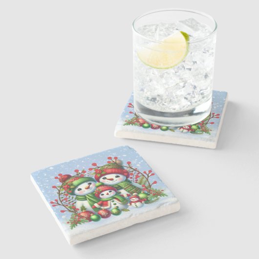 Snowman-Familie Steinuntersetzer (Seitenansicht)