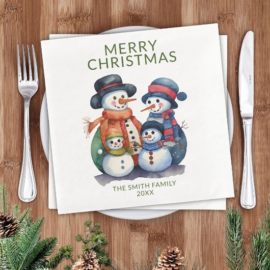 Snowman Family Green Christmas Party Serviette
