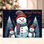 Snowman Family Happy Holidays Winter Feiertagskarte<br><div class="desc">Feiern Sie die Urlaubssaison mit dieser bezaubernden Karte mit einer Schneemannsfamilie in einem schneebedeckten Winterwald. Der "Happy Holidays" Text und das bezaubernde Snowman-Design bringen Wärme und Beifall,  perfekt,  um Liebenden während der Festsaison zu schicken.</div>