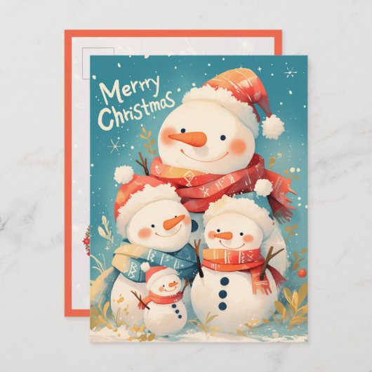 Snowman Family in Cozy Winter Postkarte (Vorne/Hinten)